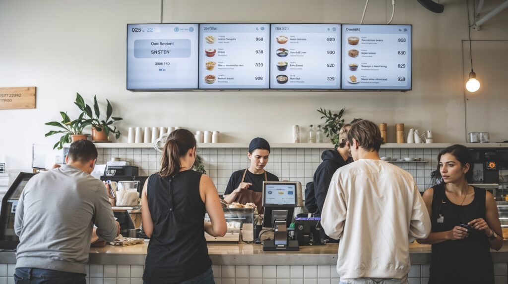 Barista using a POS system during the busy morning rush in a café