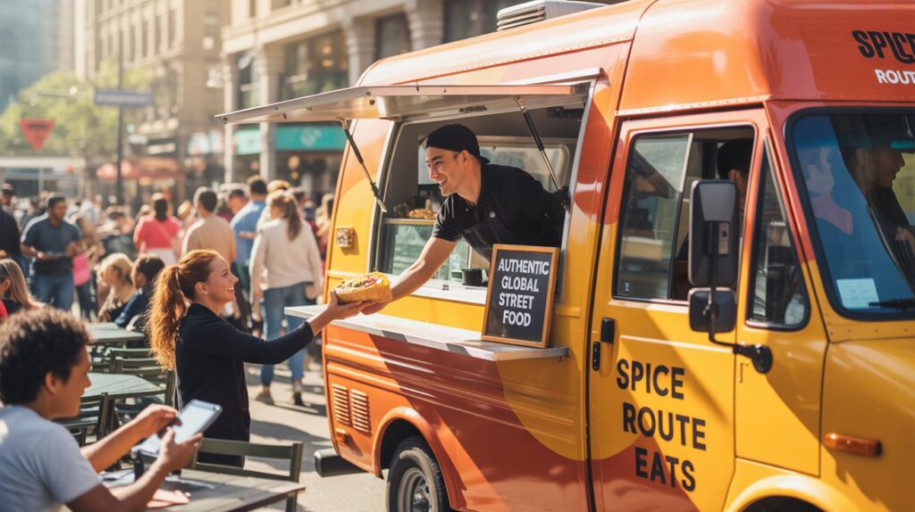 Food truck vendor serving a happy customer at a busy outdoor street location