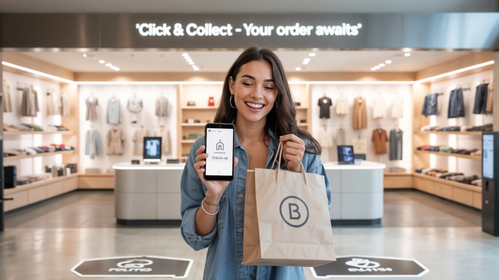 Tablet screen showing online order ready for pickup at retail store counter