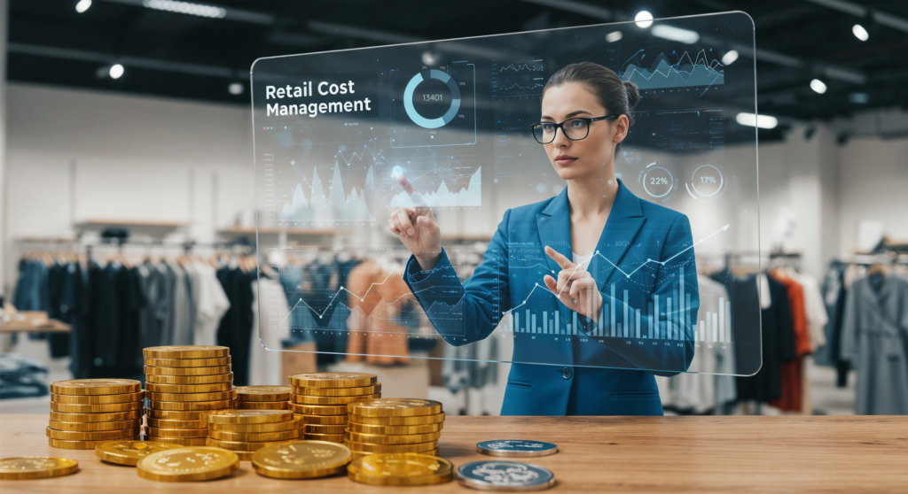 Female retail manager analyzing cost metrics on a digital dashboard in a clothing store