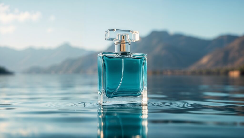 Perfume bottle standing in water with mountains in the background