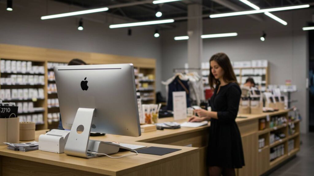 iPad POS system on a wooden counter in a retail store with a staff member in the background