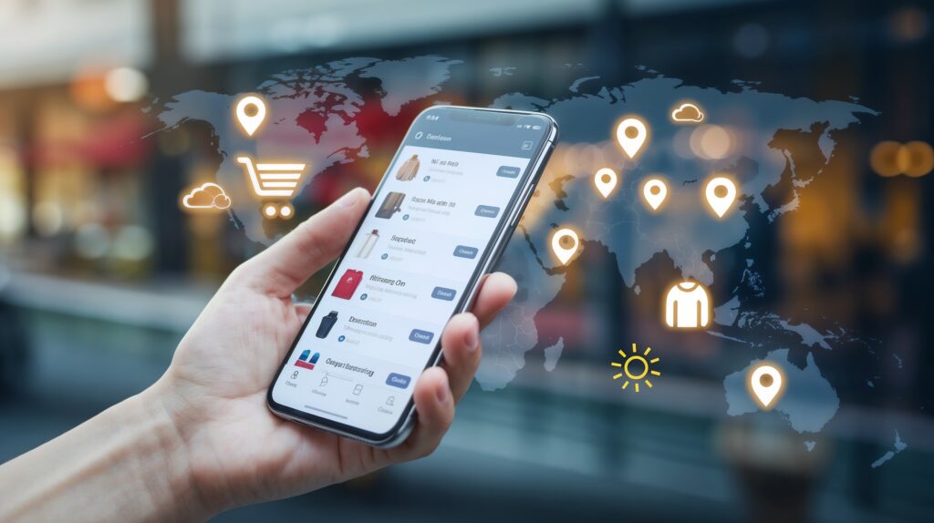 Mobile phone showing shopping app with global geo-targeting icons and map background, representing location-based retail marketing