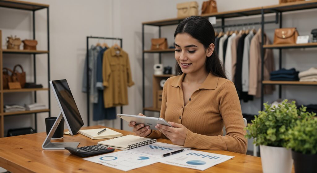 Female retail manager analyzing cost metrics on a digital dashboard in a clothing store