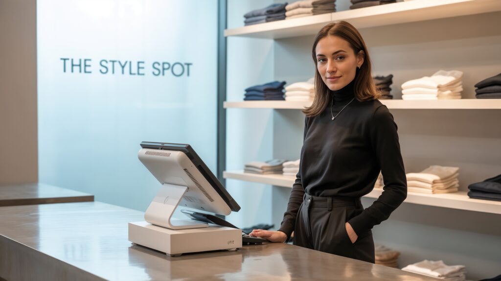 A new retail store owner setting up shelves and POS system before opening.