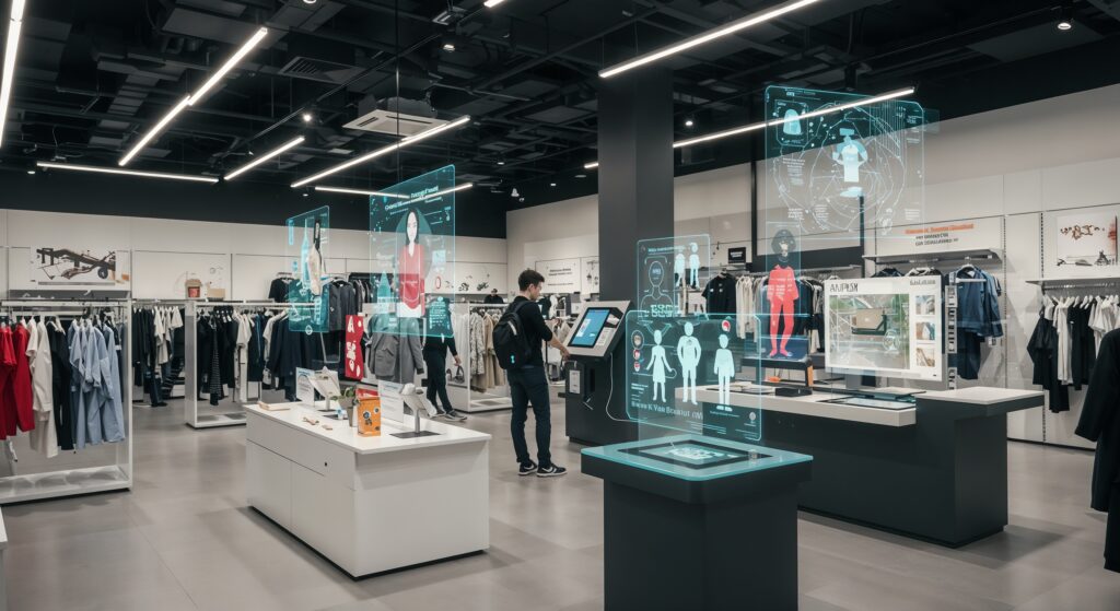 Futuristic retail store using hyper-personalization with digital customer profiles and interactive displays