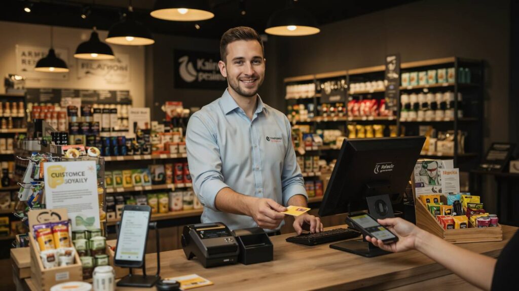 Retail store employee handing a loyalty card to a customer at the POS counter